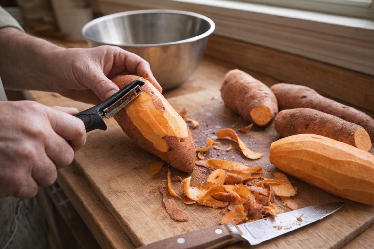 Close-up of raw yams being peeled with a vegetable peeler on a wooden cutting board, knife and mixing bowl visible, natural light from a window